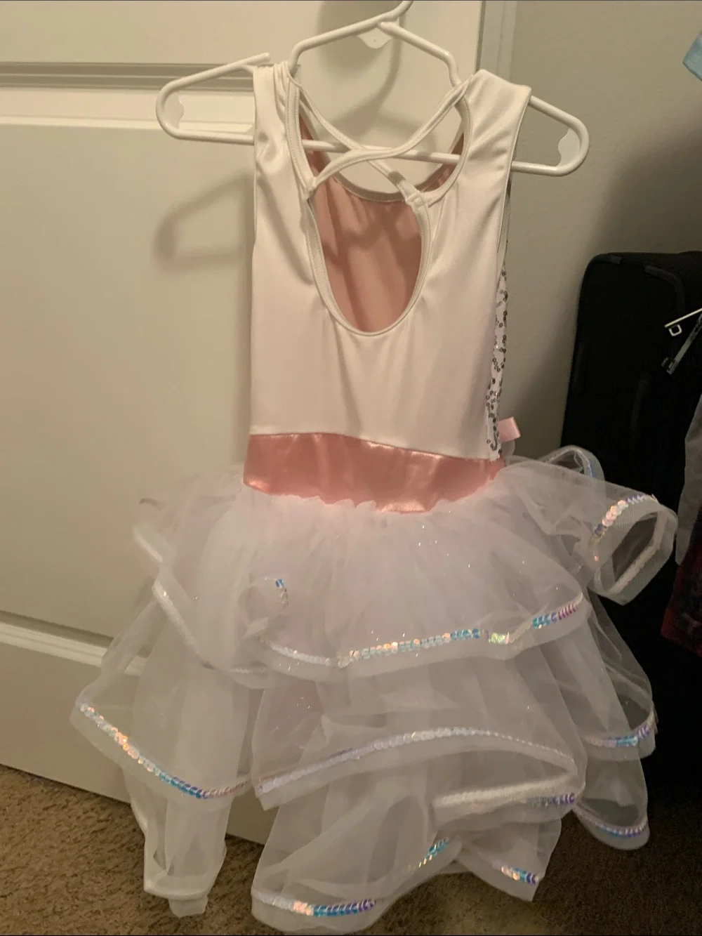 Girls White Sequin Tulle Dance Dress with Pink Satin Sash and Flower